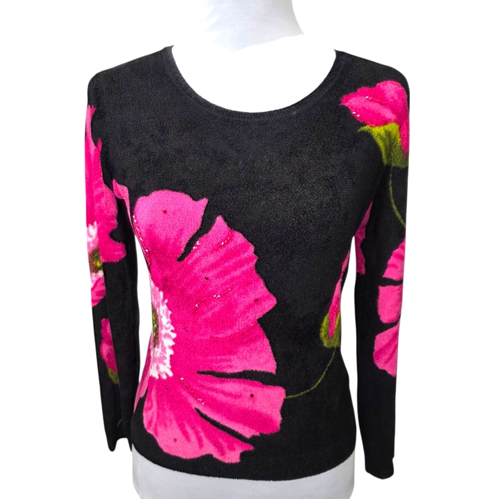 Vintage Elizabeth New York Beaded Floral Chenile Sweater Size Small